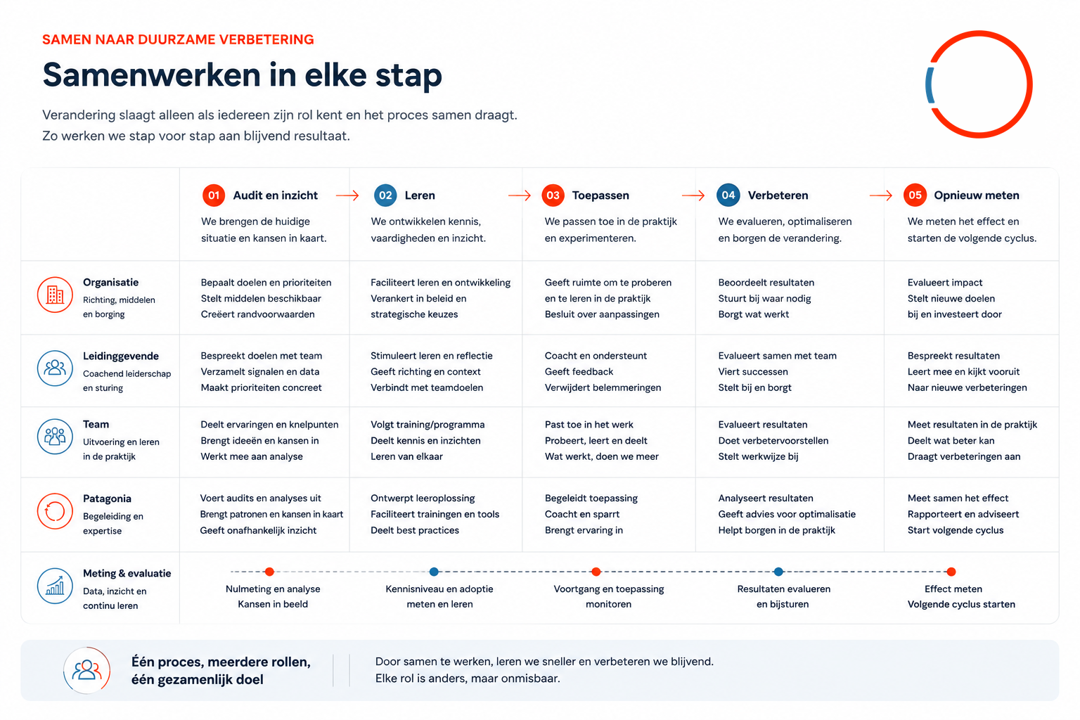 Rolverdeling per stap voor organisatie, leidinggevende, team, Patagonia en meting en evaluatie